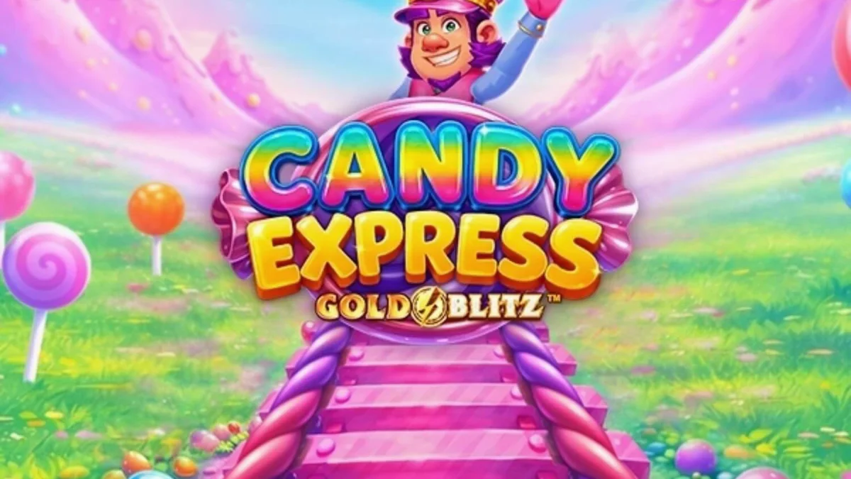 Candy Express Gold Blitz स्लॉट गेम का रंगीन और जादुई कैंडी-लैंड इंटरफेस